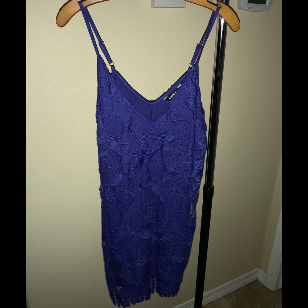 Blue thin strap lace dress.